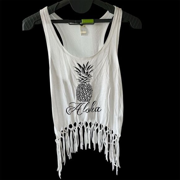 Kavio Women's White Fringe Tank Top Aloha Pineapple Summer Casual S - Picture 1 of 6